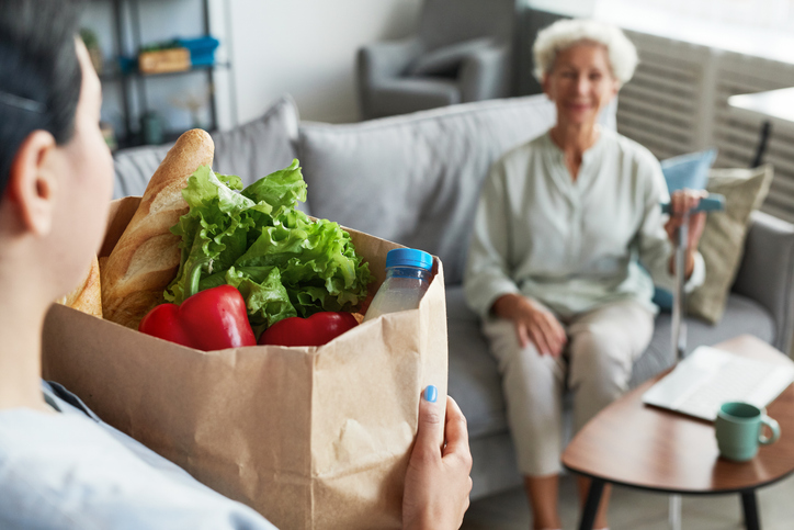 Portrait of female caregiver bringing groceries to senior woman, copy space.