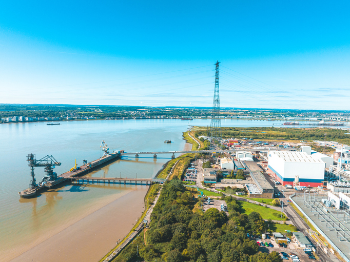 Drone view of electric substation, electrical and production in Grays, England.