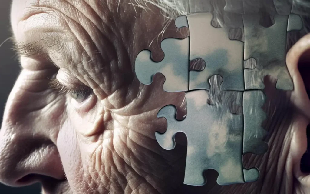 Conceptual image of an elderly person's face with puzzle pieces missing, symbolising memory loss and dementia