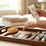 A close-up photograph of an older person applying lotion to their arm, with a tray of personal hygiene items like a hairbrush, clippers, and oral care products in the foreground on a bed.