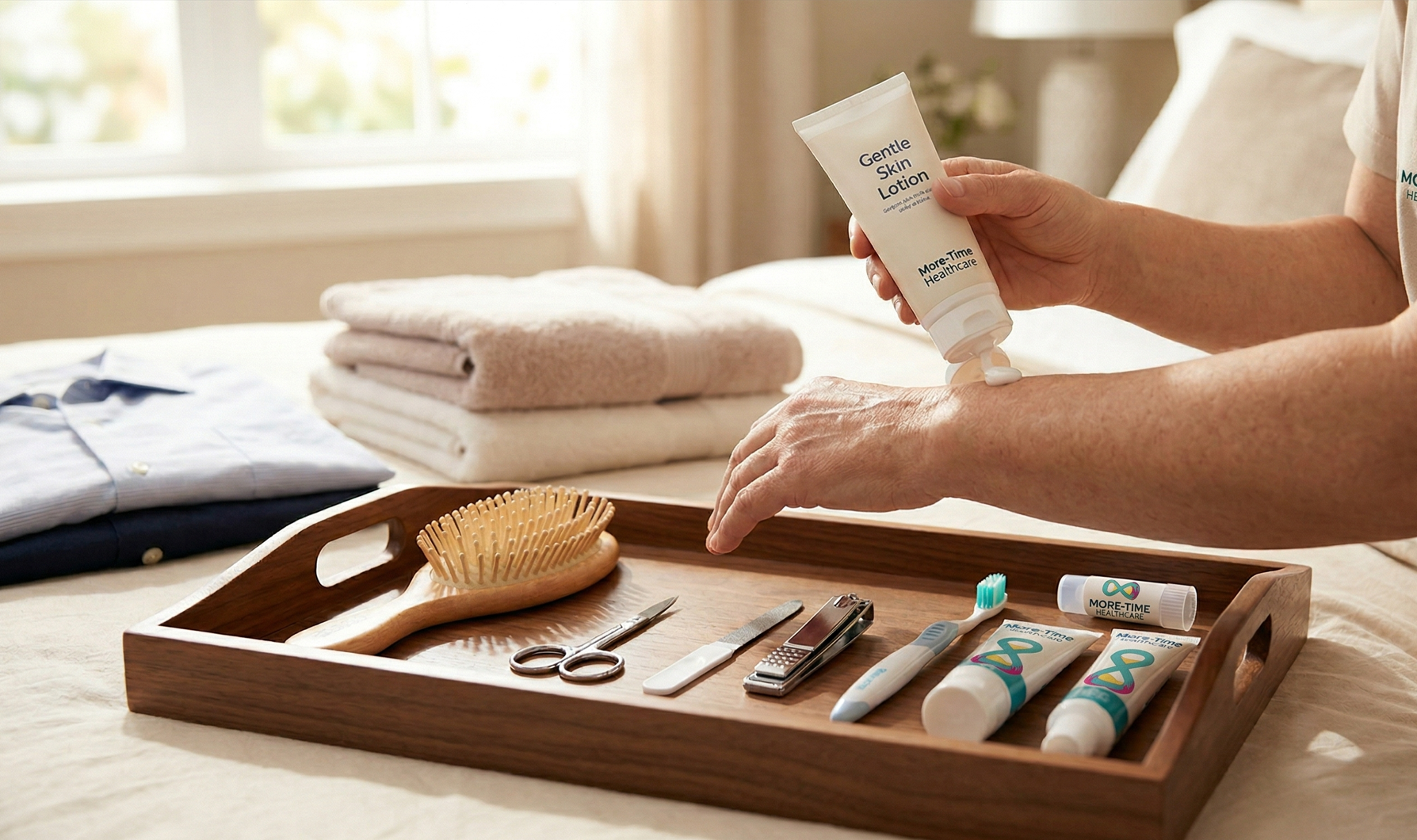 A close-up photograph of an older person applying lotion to their arm, with a tray of personal hygiene items like a hairbrush, clippers, and oral care products in the foreground on a bed.
