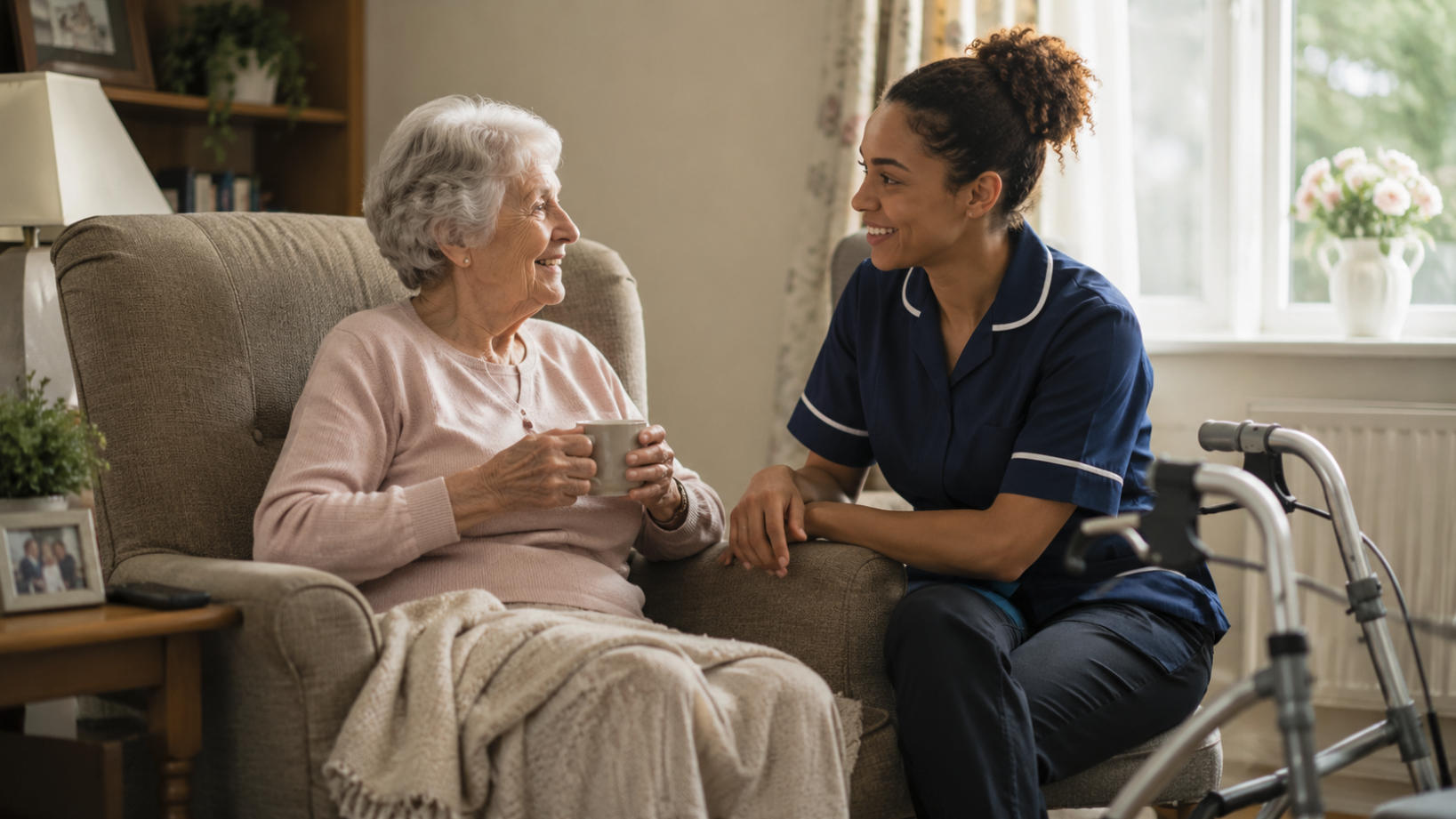 A More-Time Healthcare carer offers practical support and genuine companionship, helping an older adult feel safer, more confident and less alone at home.